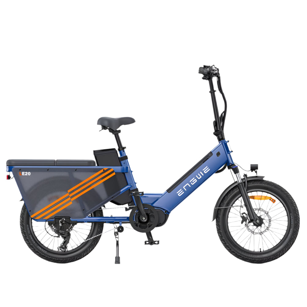 Blue electric bike with orange stripes on a white background