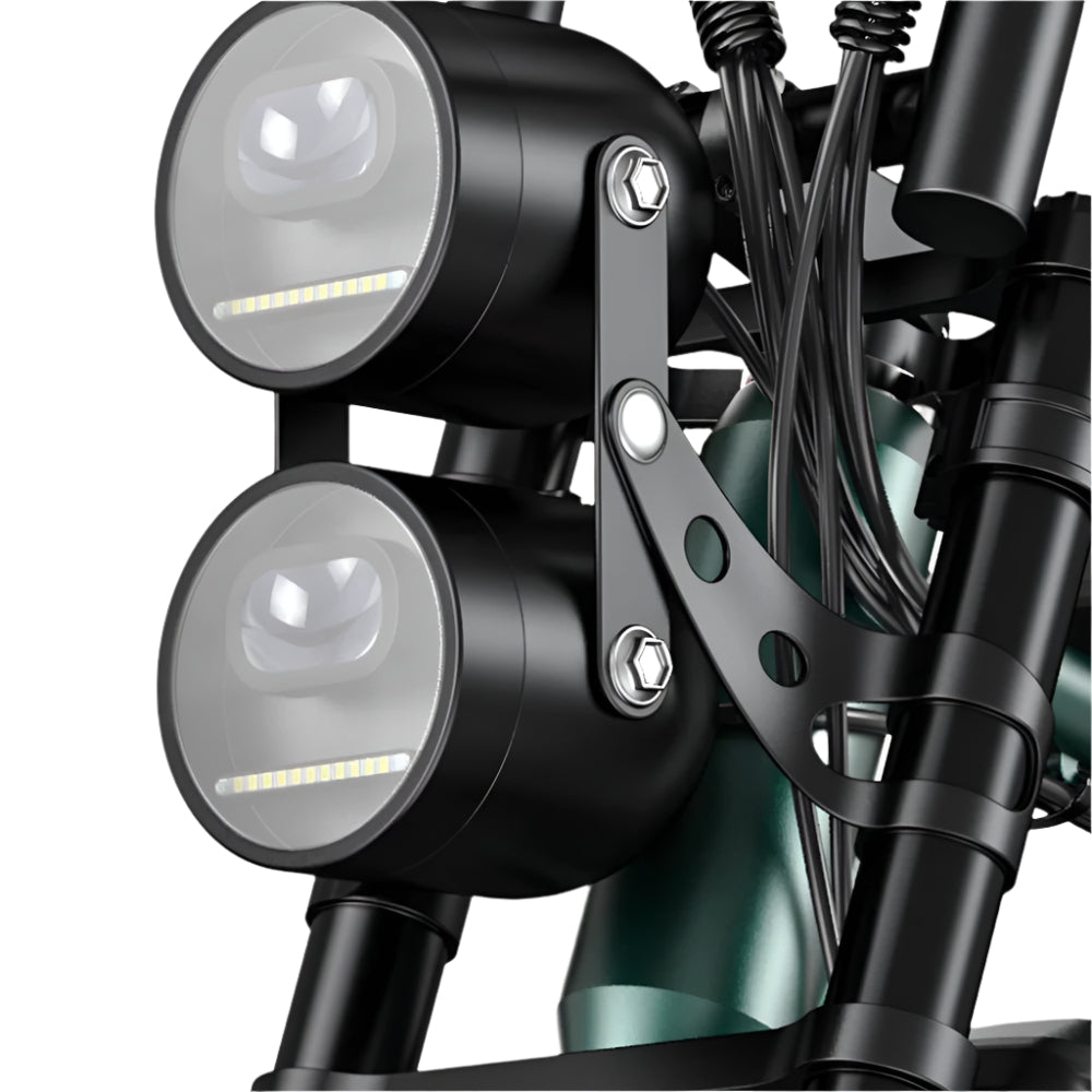 Close-up of a motorcycle's headlight assembly with visible wiring.