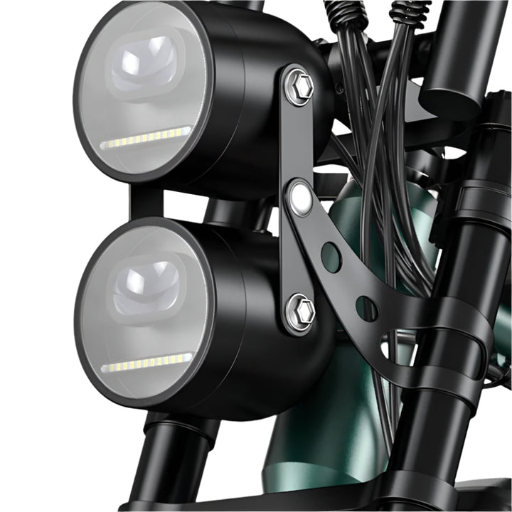 Close-up of a motorcycle's headlight assembly with visible wiring.