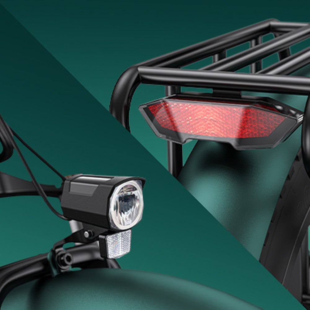 Bicycle headlight and rear light on a green background