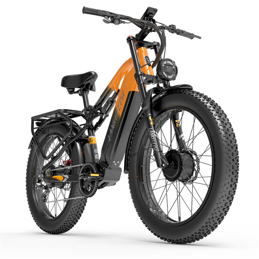 Orange electric bike with black frame on a white background