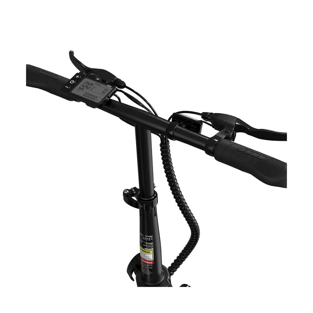 Black ebike handlebar with digital display and control buttons on a white background