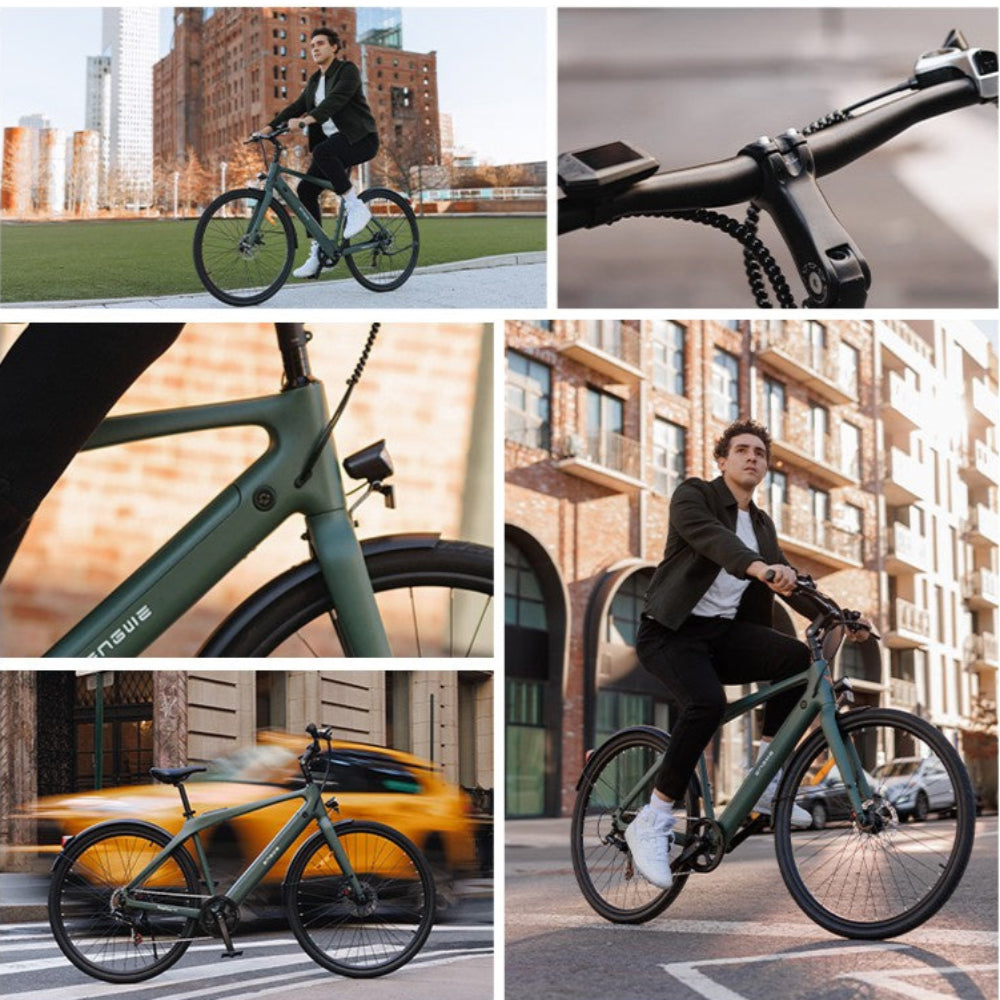 Collage van beelden van een persoon op een groene fiets in een stedelijke omgeving.