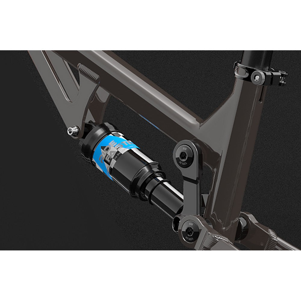 Close-up of a bicycle suspension fork with a blue accent on a black background