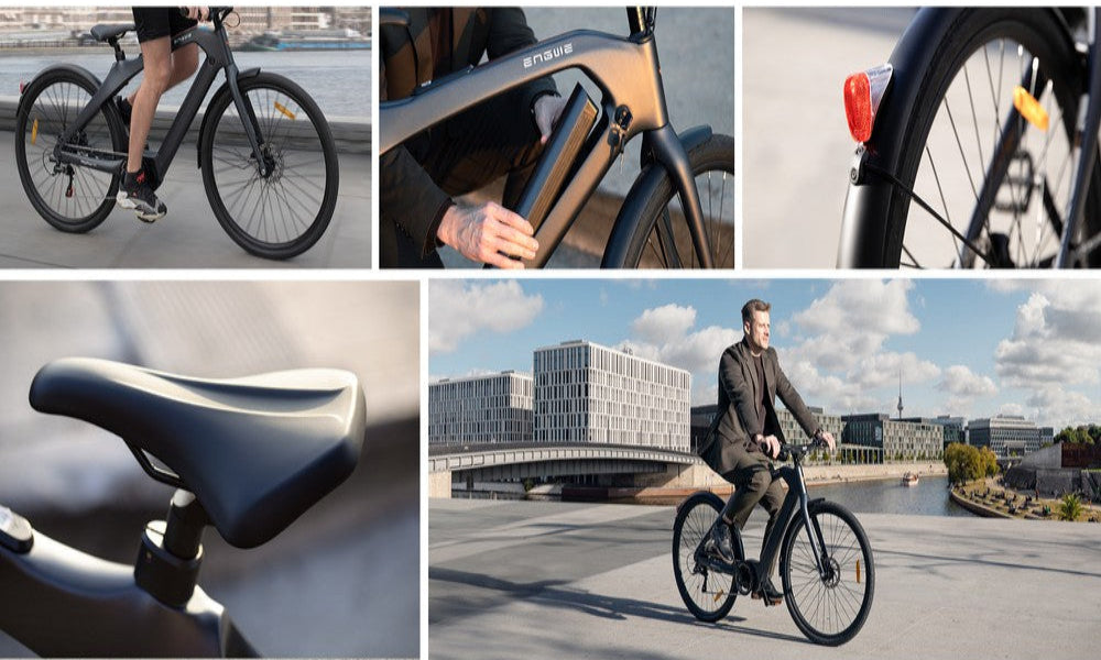 Collage of images featuring an electric bike with various components and a person riding it.