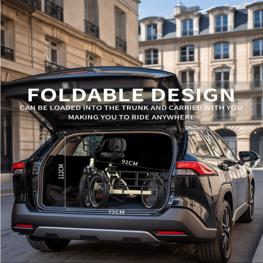 Car with open trunk displaying a foldable design, parked in an urban setting.