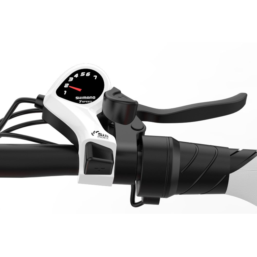 Bicycle handlebar with Shimano gear indicator on a white background