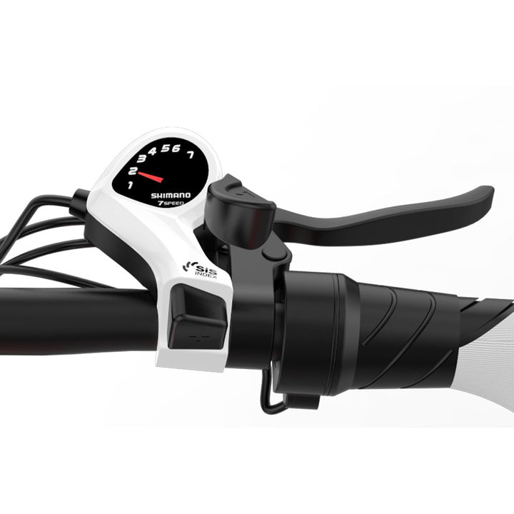 Bicycle handlebar with Shimano gear indicator on a white background