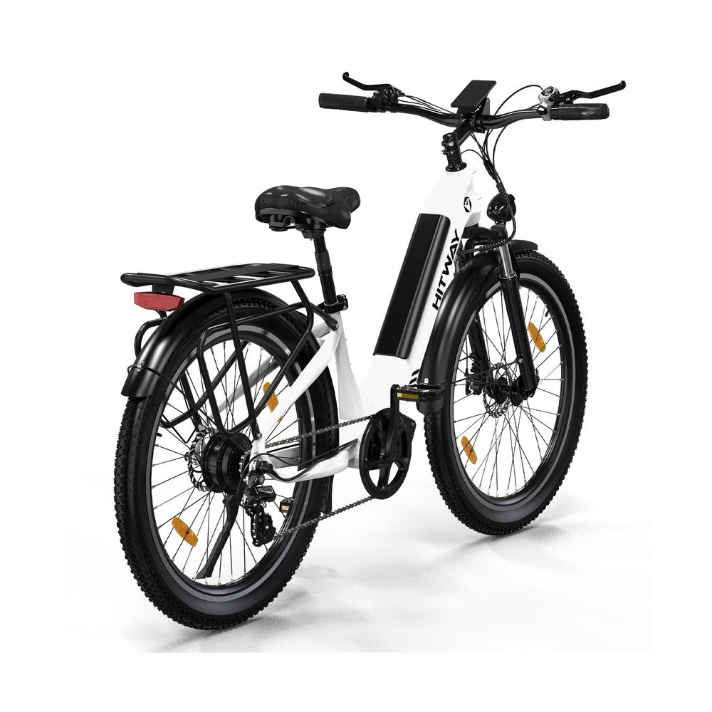 Electric bike with a white frame and black components on a white background