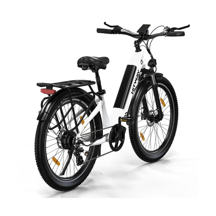 Electric bike with a white frame and black components on a white background