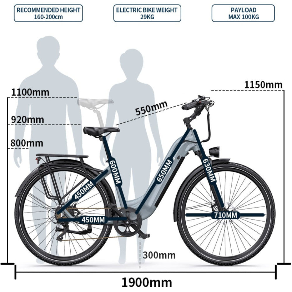 Electric bike with dimensions labeled on a white background
