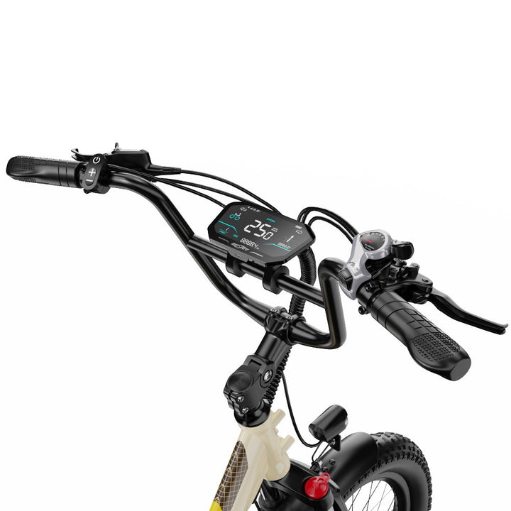 Close-up of a bicycle handlebar with digital display on a white background