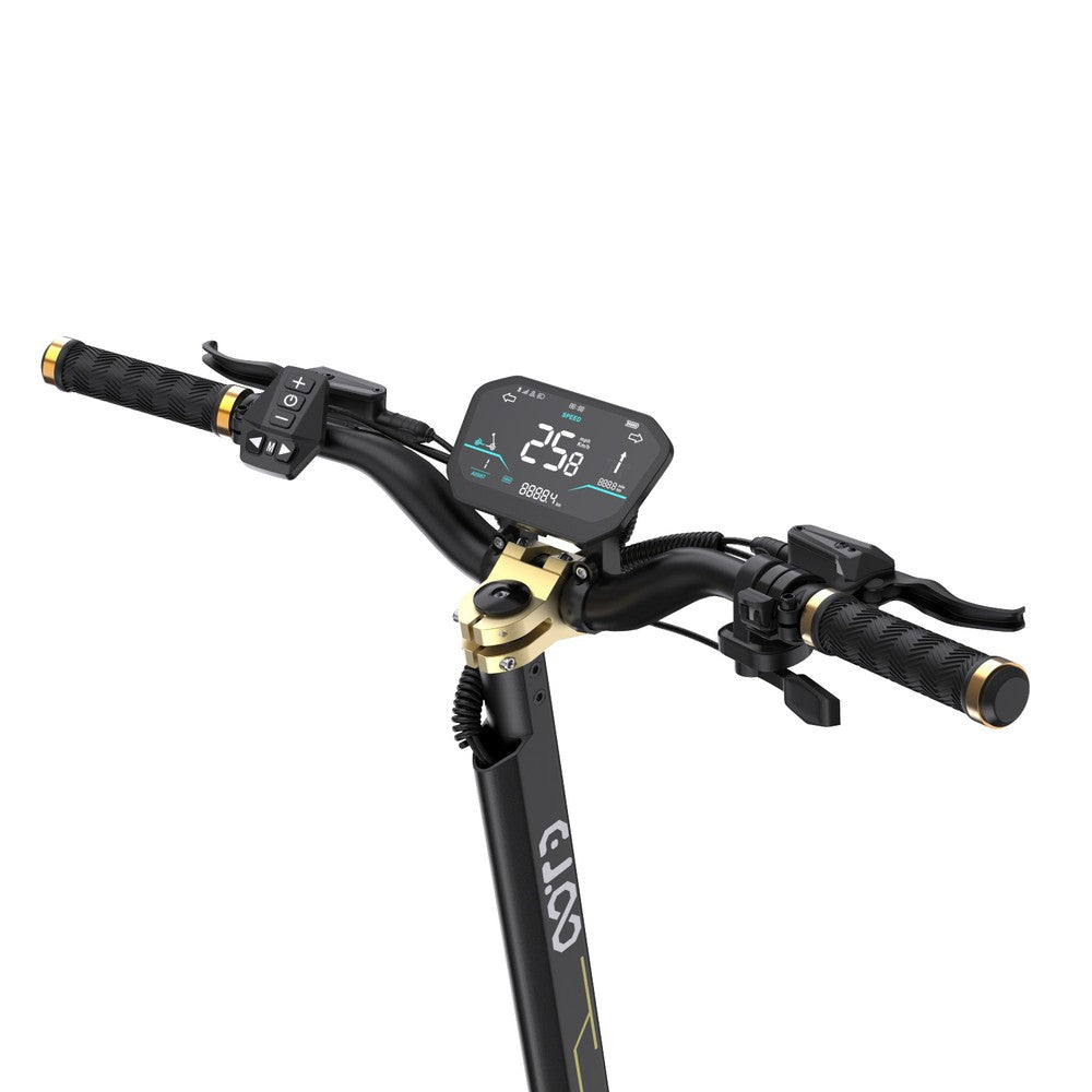 Close-up of a scooter handlebar with a digital display on a white background