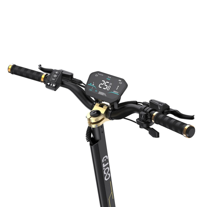 Close-up of a scooter handlebar with a digital display on a white background