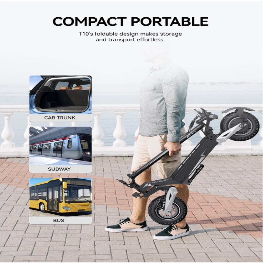 Person holding a compact electric scooter with images of car trunk, subway, and bus in the background.
