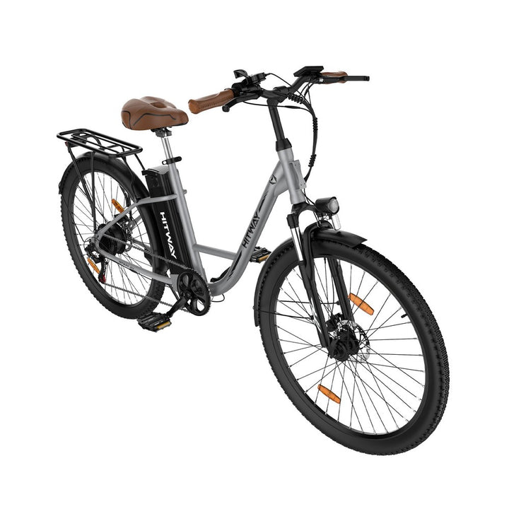 Electric bicycle with a brown seat on a white background