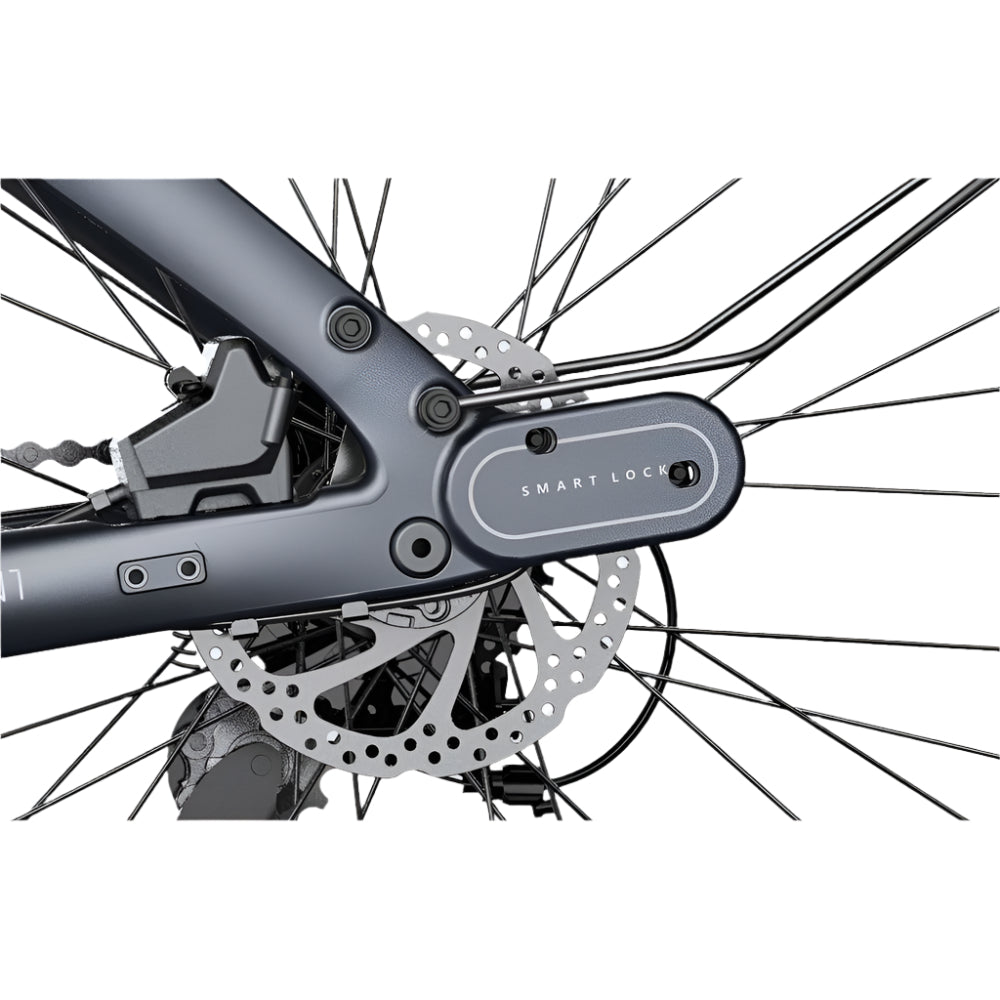 Bicycle wheel with a smart lock mechanism on a white background
