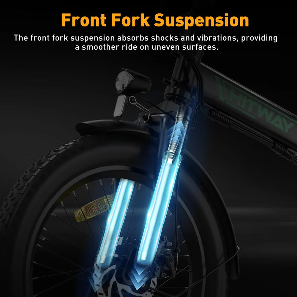 Bicycle front fork suspension with glowing blue accents on a dark background