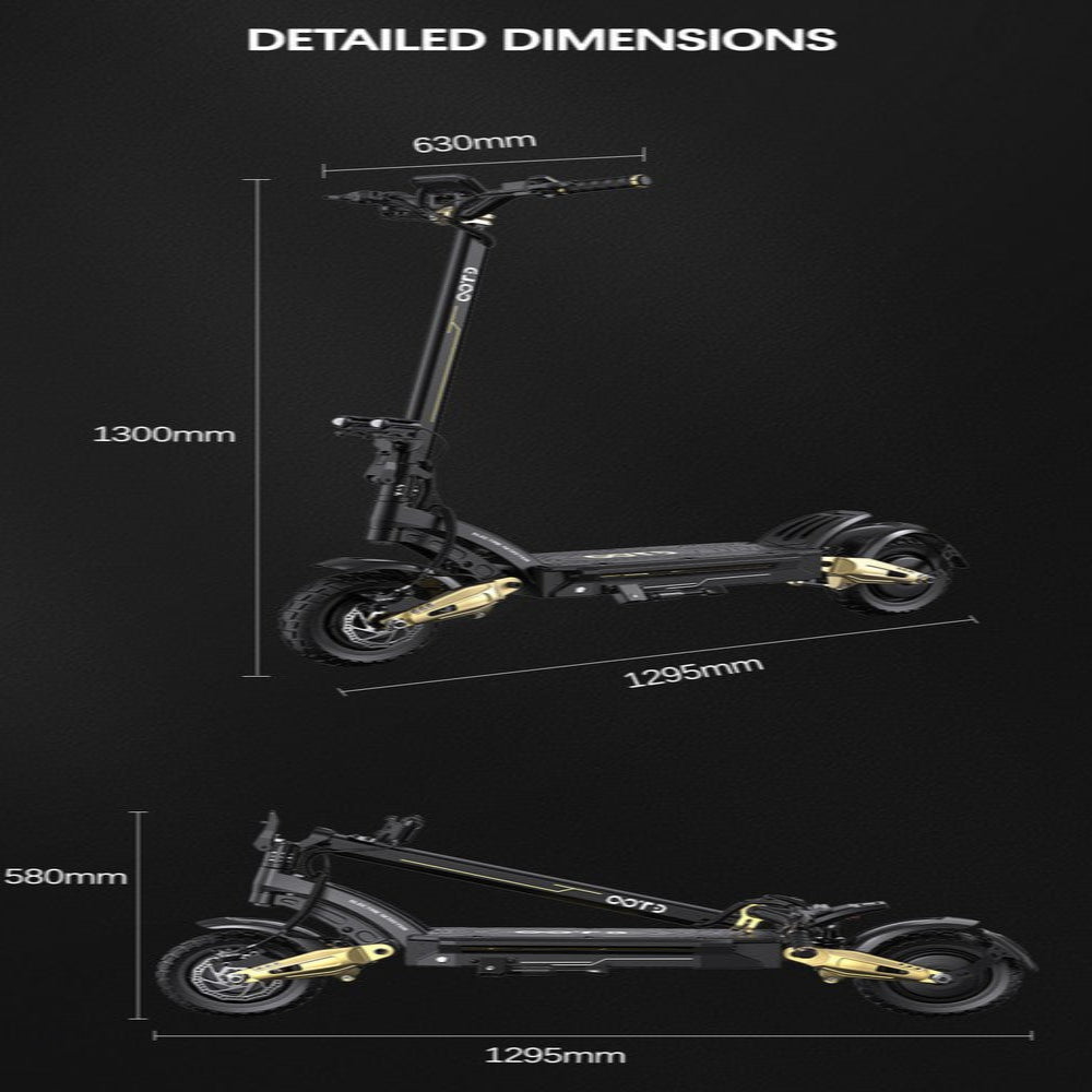Dimensions of a scooter displayed on a black background