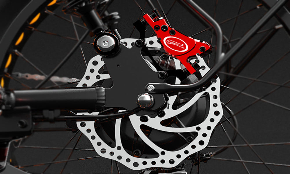Close-up of a bicycle disc brake system with a red caliper on a dark background
