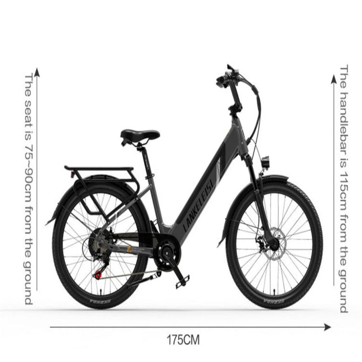 Electric bike with dimensions labeled on a white background