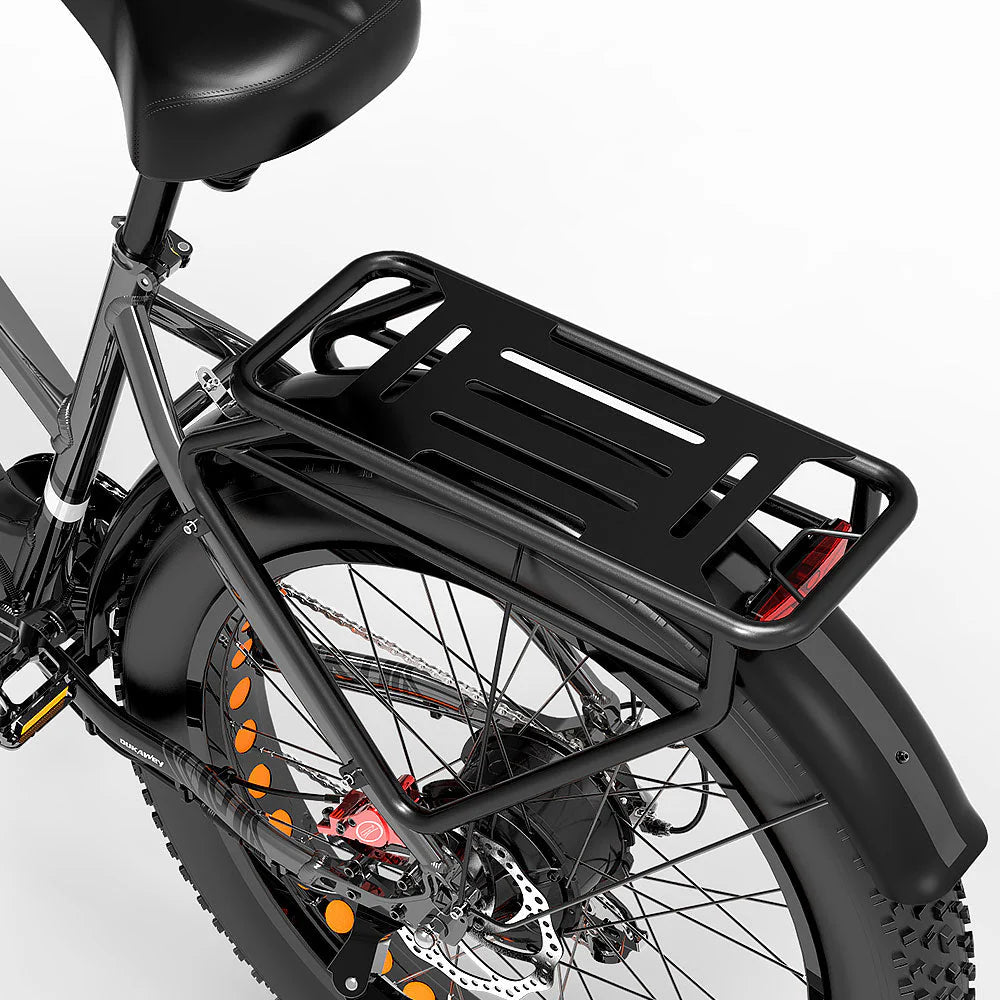 Black bicycle with a rear rack on a white background