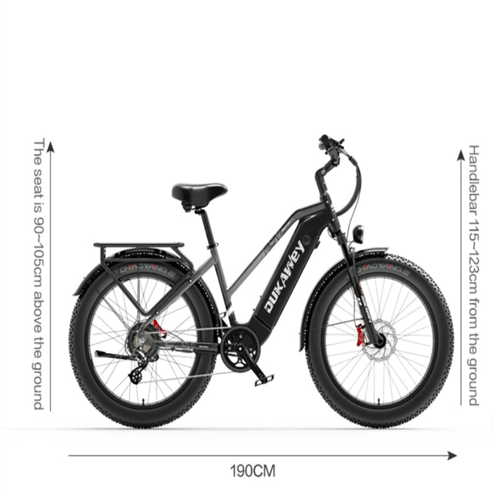 Electric bike with dimensions indicated on a white background