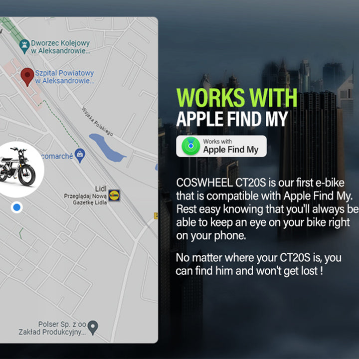 "COS CT20S electric bike with long-range battery, fat tires, dual suspension, premium Shimano 7-speed system, and smart display."