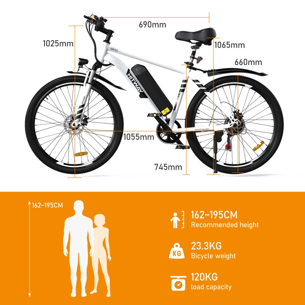 Electric bicycle with dimensions labeled on a white background
