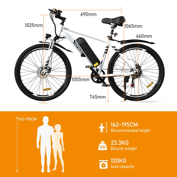Electric bicycle with dimensions labeled on a white background