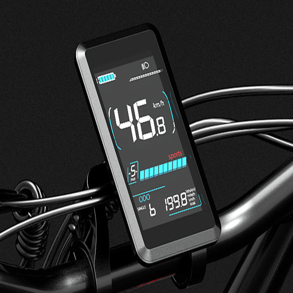 Digital speedometer attached to a motorcycle handlebar displaying speed and other metrics.