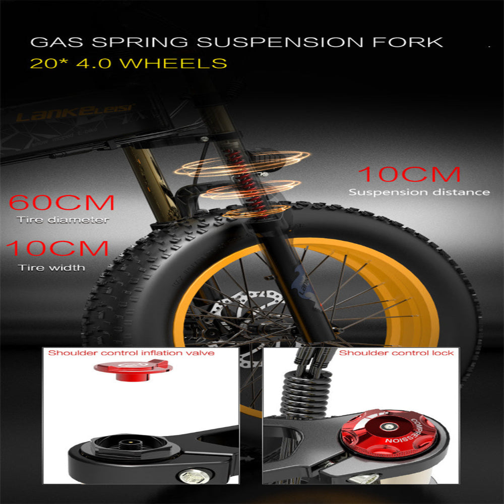 Bicycle suspension fork with gas spring mechanism and technical specifications on a dark background