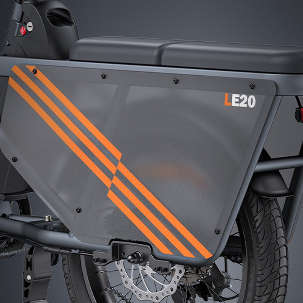 Motorcycle side panel with orange stripes and 'LE20' branding on a gray background