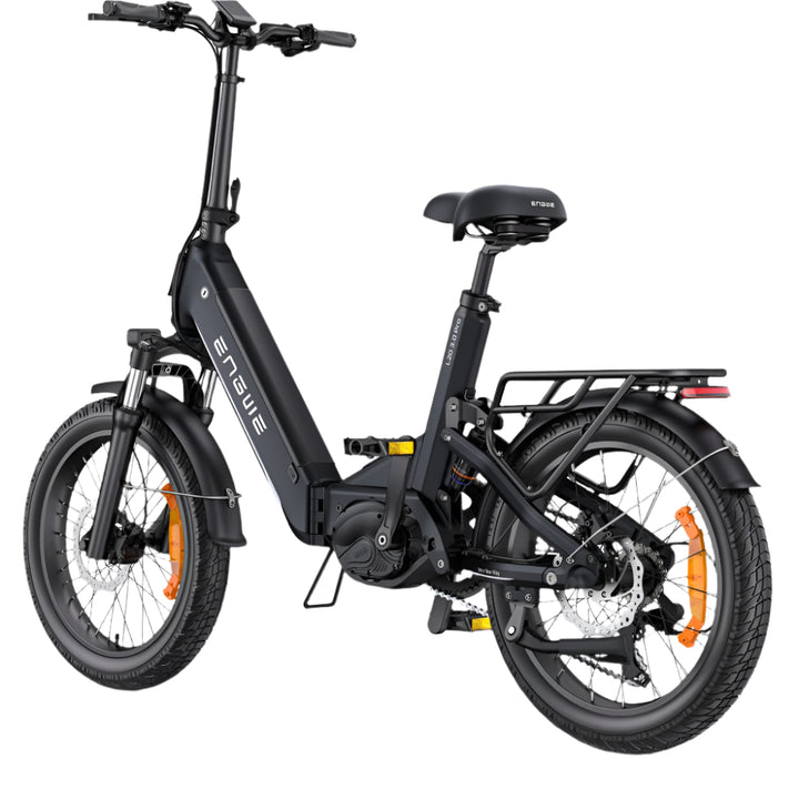 Black electric bike with orange accents on a white background