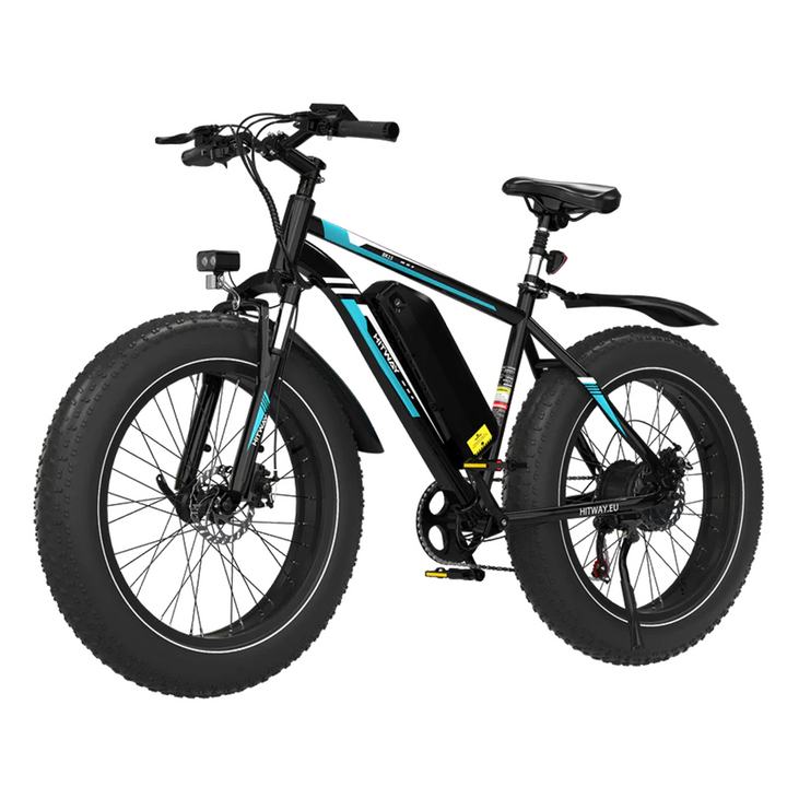 Black electric bike with blue accents on a white background