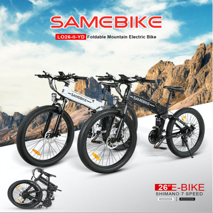 "Foldable mountain e-bike SAM LO26-II YD with 900W motor and 48V 14AH battery, Shimano 21 speed shifter, and hydraulic disc brakes."