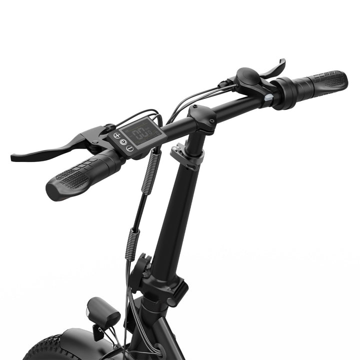 "DUO OT16-2 Folding Electric Bike in Black, featuring 20-inch frame, front and rear lights, and LCD display with Bluetooth connectivity."
