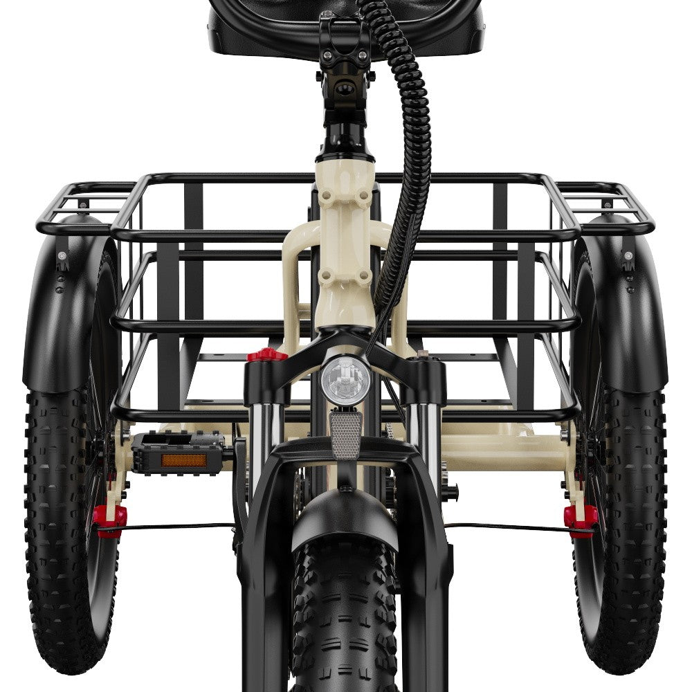 Close-up of a three-wheeled vehicle with a metal frame and black tires on a white background