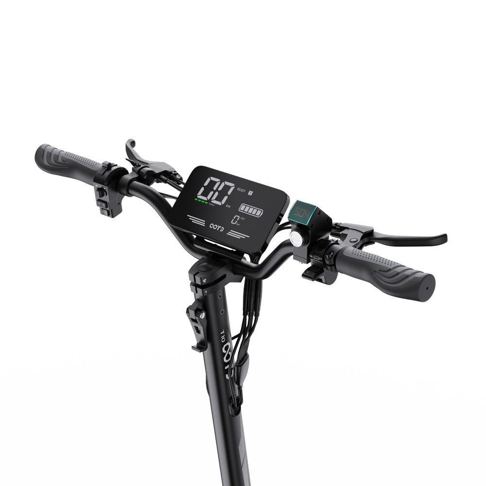 Close-up of a bicycle handlebar with digital display on a white background
