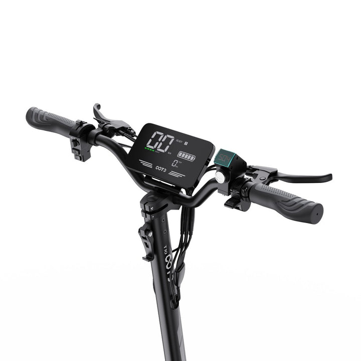 Close-up of a bicycle handlebar with digital display on a white background