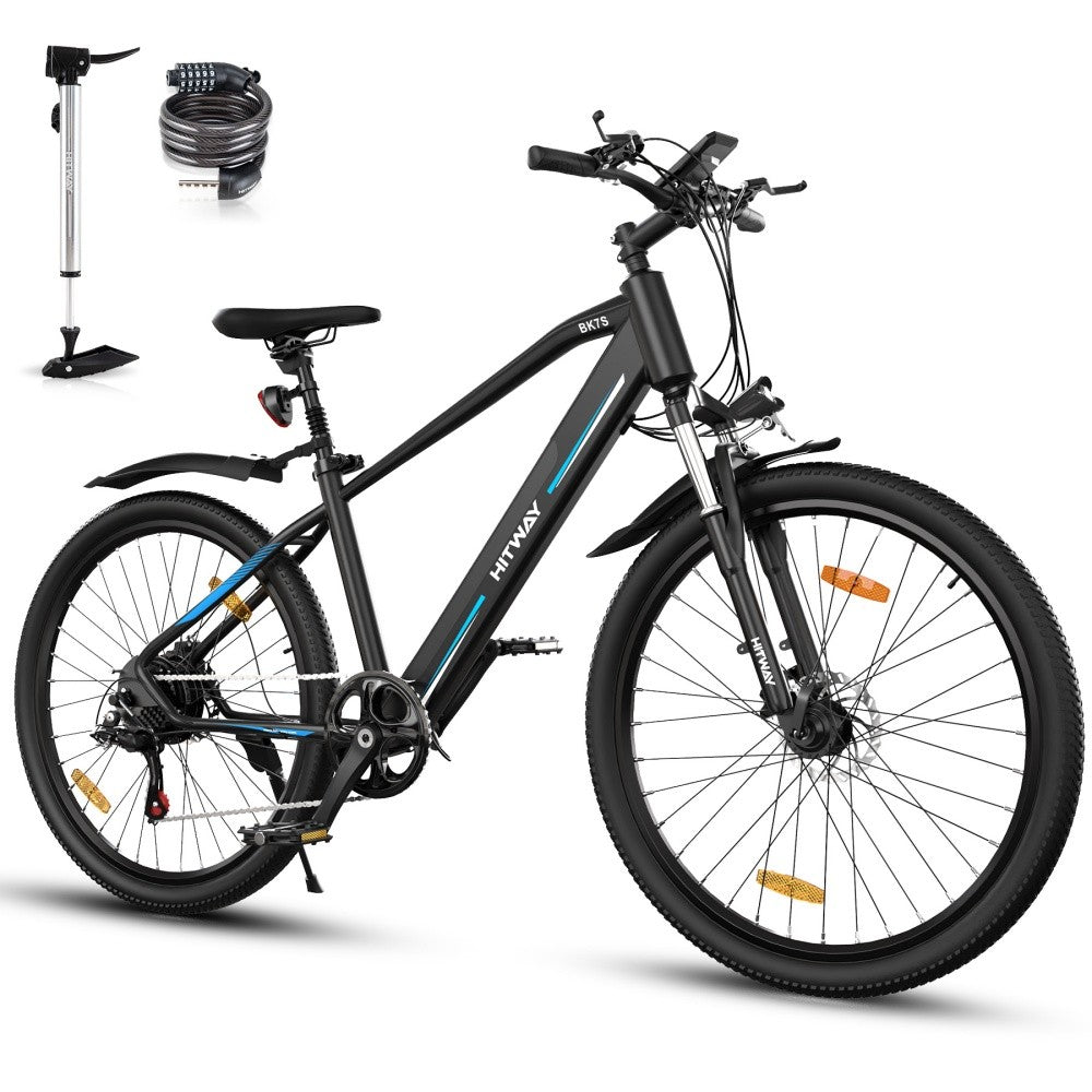 Black electric bicycle with pump and cable on a white background