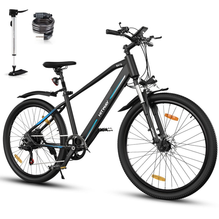 Black electric bicycle with pump and cable on a white background