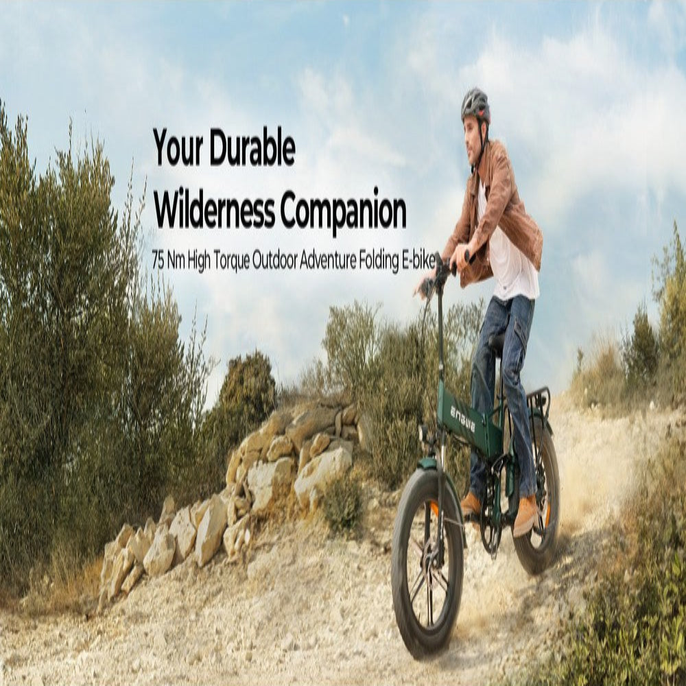 Person riding a green electric bike on a trail with text about durability and features.