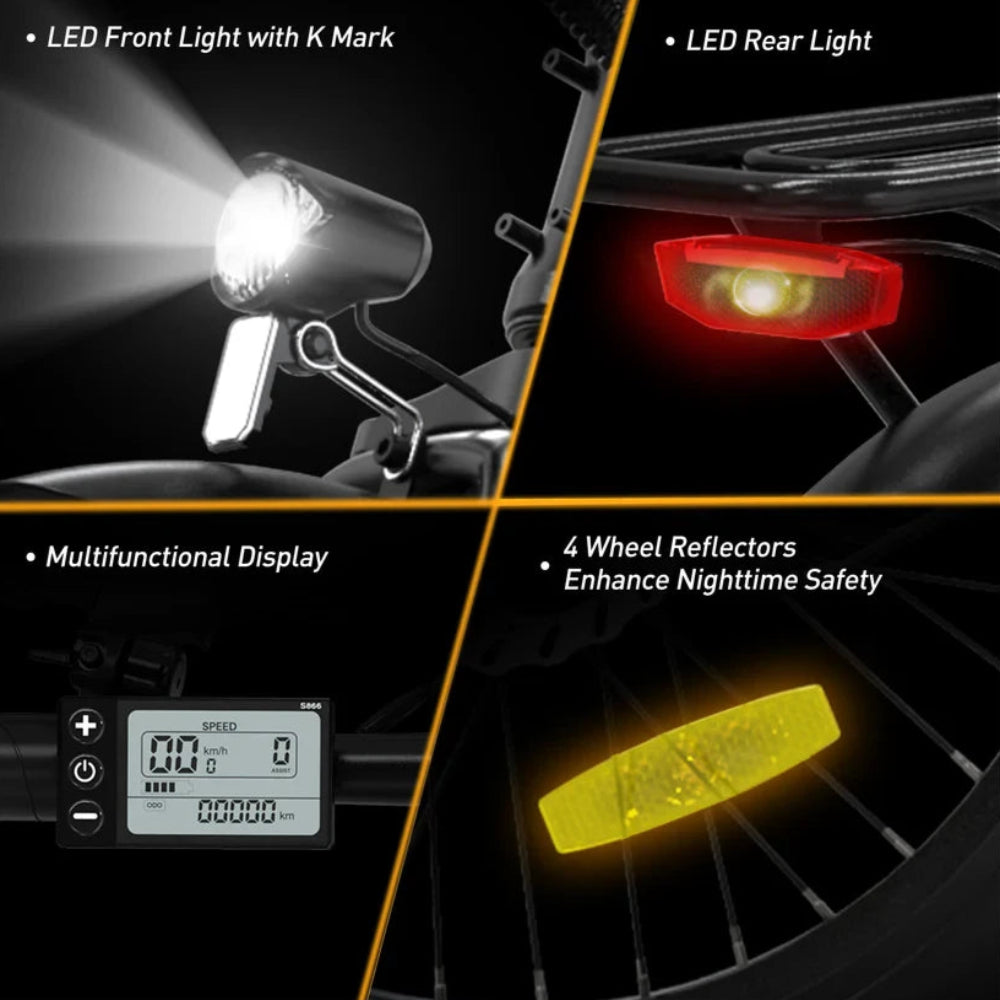Bicycle lights with LED front light, rear light, multifunctional display, and reflectors on a black background.