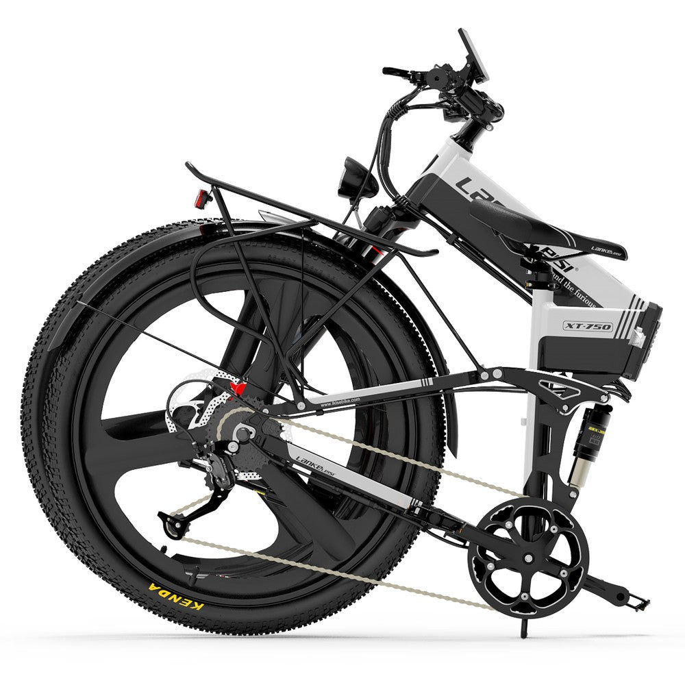 Black electric bike with visible brand logos on a white background