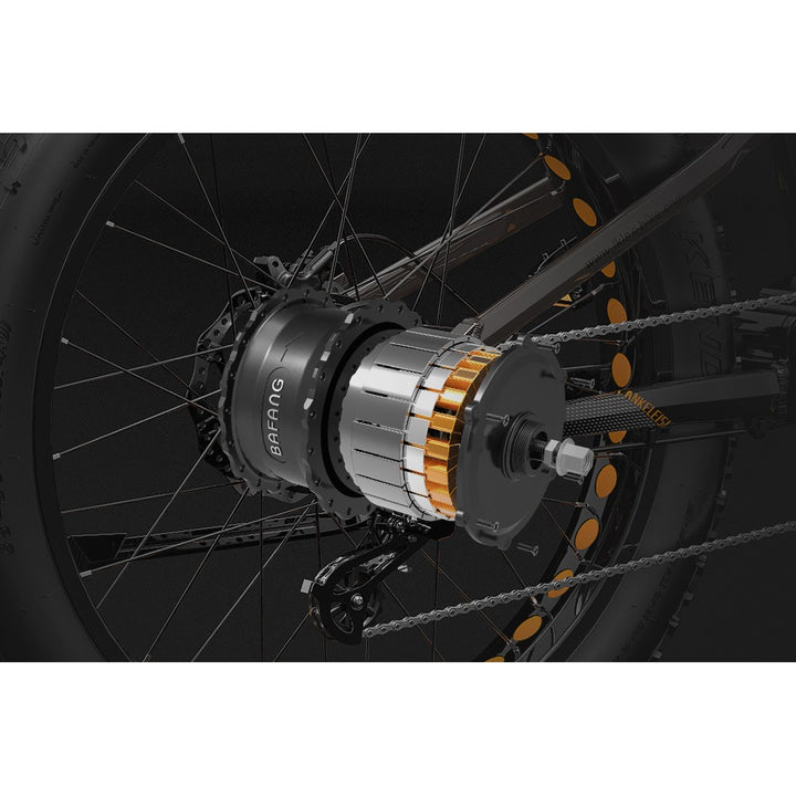 Close-up of a bicycle wheel with a Bafang motor on a white background