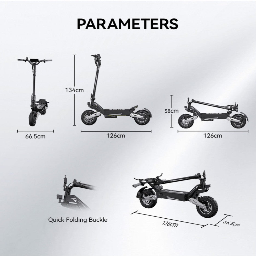 Diagram of a scooter with dimensions labeled on a white background
