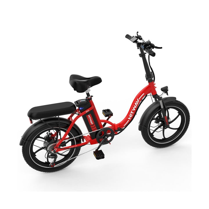 Red electric bike with black seat and wheels on a white background