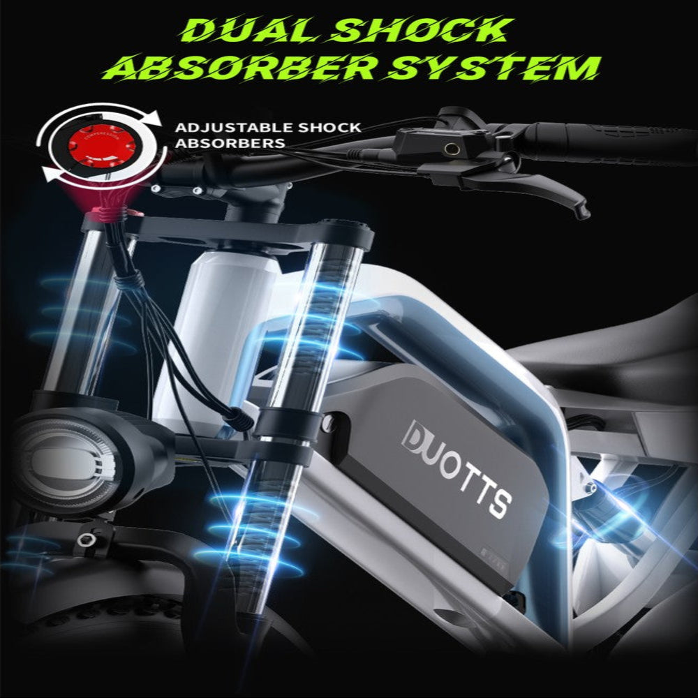 Motorcycle with dual shock absorber system highlighted, featuring the brand 'Duotts'.