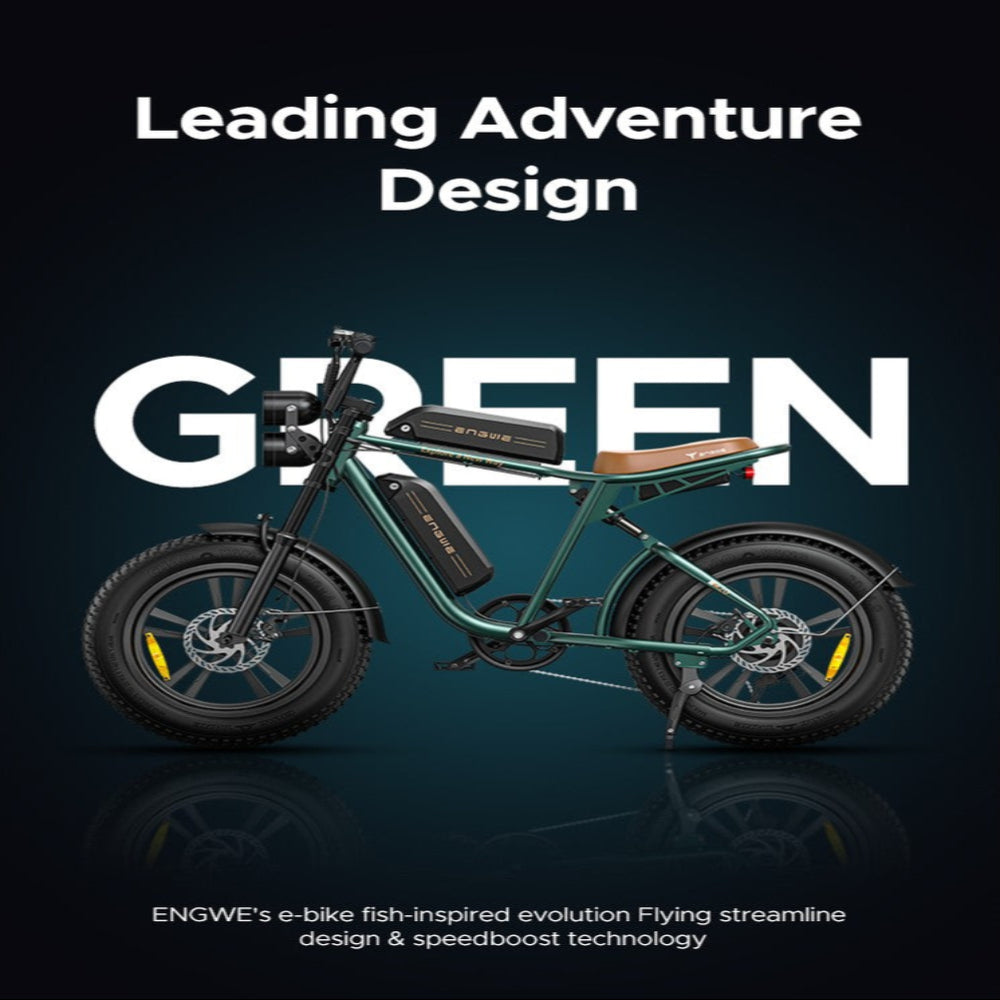 Green electric bike on a dark background with text about adventure design and technology.
